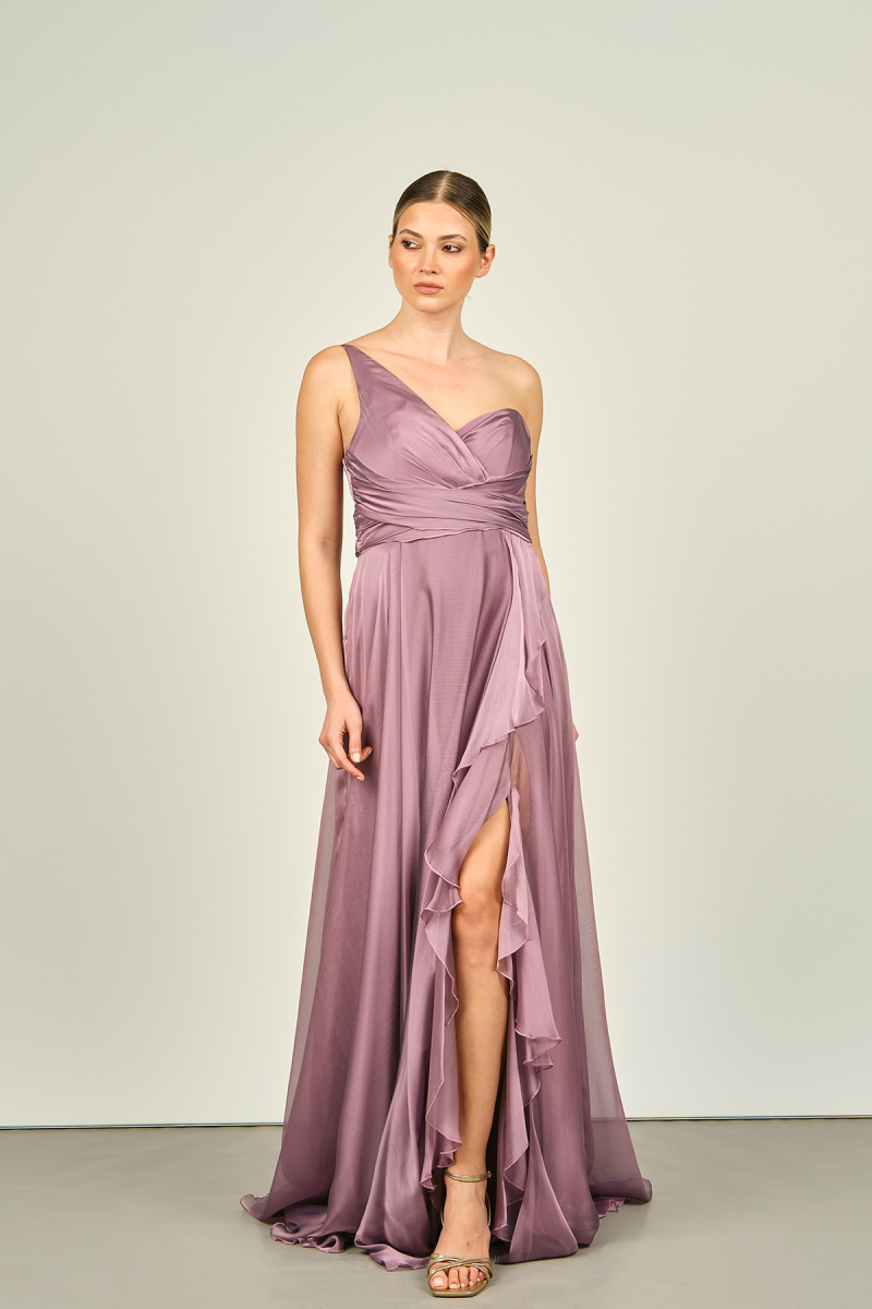 Doridorca Kadın Tek Omuz Yırtmaçlı Fırfır Detaylı Uzun Abiye Elbise 4082 Lavanta Lavanta