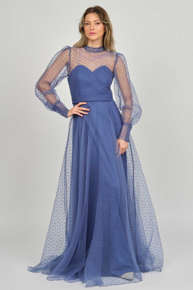 Doridorca Kadın Uzun Kol Tül Abiye Elbise 5923054 Indigo Indigo