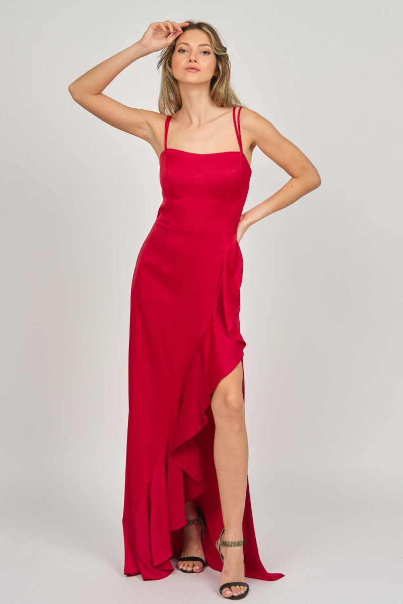 Doridorca Kadın Volanlı Derin Yırtmaçlı Abiye Elbise 5922010 Kırmızı Kırmızı