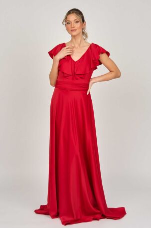 Doridorca Kadın Yakası Volanlı Saten Abiye Elbise 5921021 Kırmızı Kırmızı