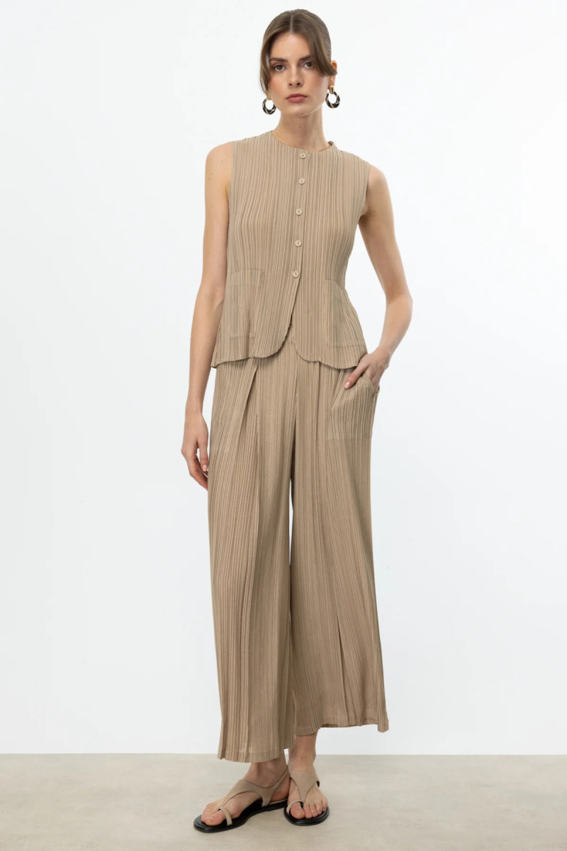 Ekol Kadın Akordiyon Kumaş Bol Paça Pantolon 2184 Camel Camel