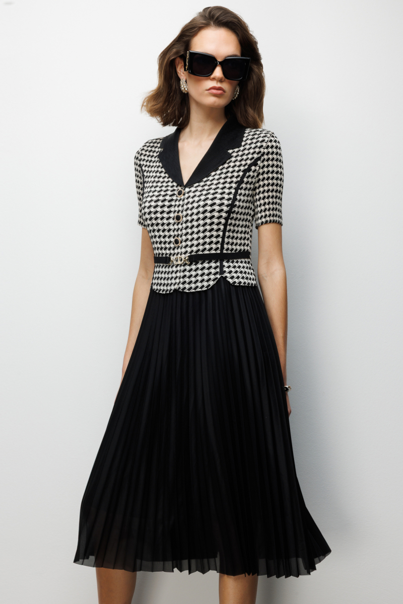 Ekol Kadın Akordiyon Kumaş Desenli Maxi Elbise 6916 Siyah Siyah