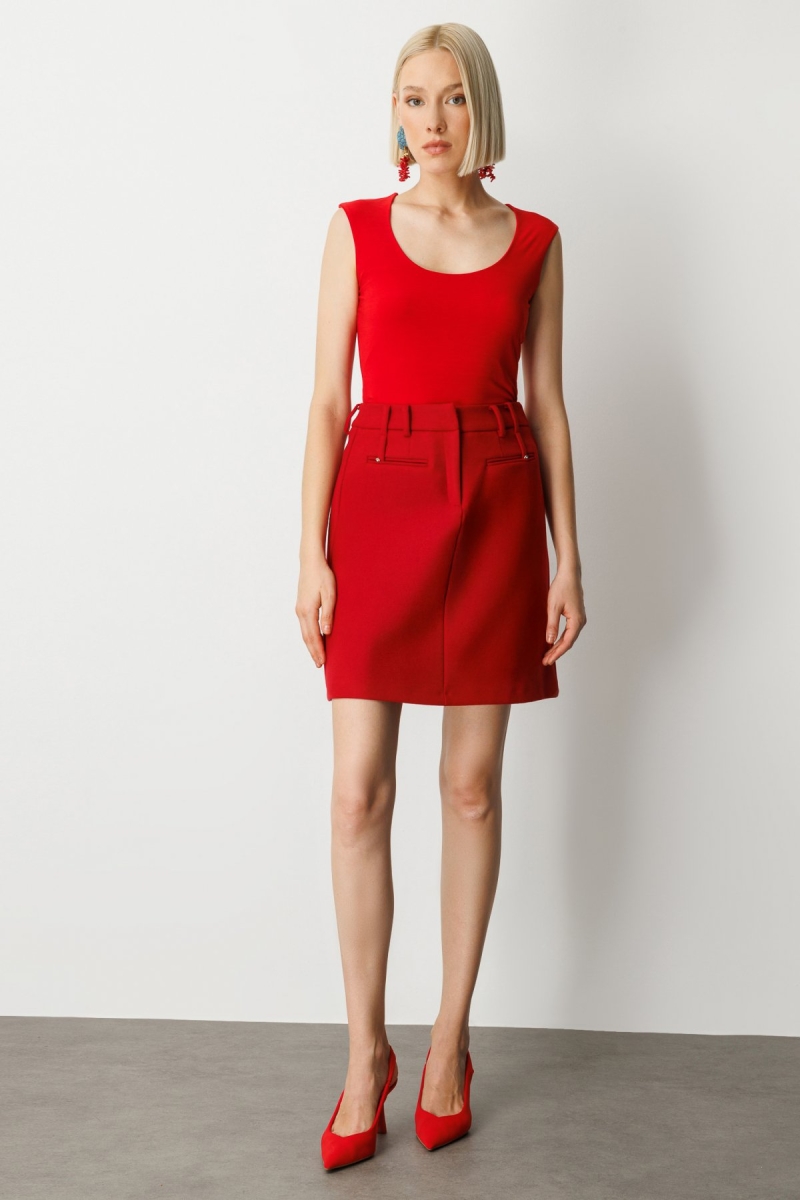 Ekol Kadın Aksesuar Detaylı Mini Kaşe Etek 2003 Kırmızı Kırmızı