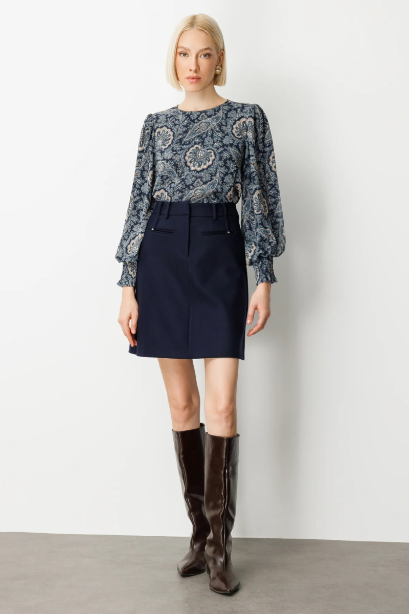 Ekol Kadın Aksesuar Detaylı Mini Kaşe Etek 2003 Lacivert Lacivert