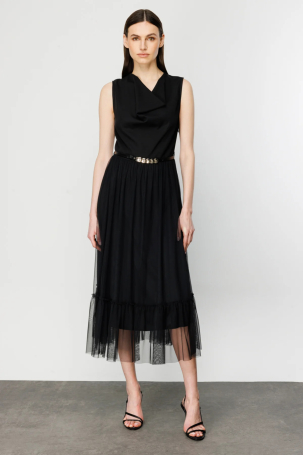 Ekol Kadın Altı Şifon Sıfır Kol Kemerli Elbise 4146 Siyah Siyah