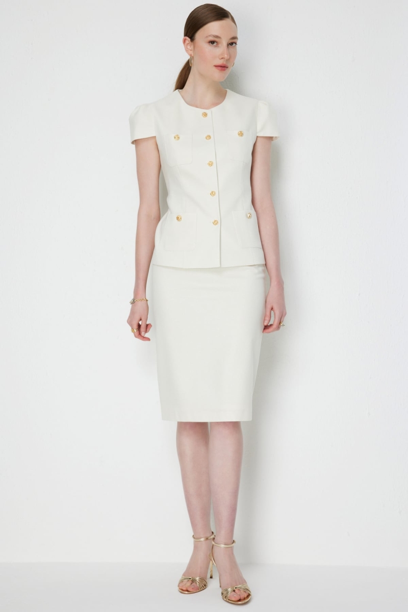 Ekol Kadın Arkası Yırtmaçlı Kalem Etek 1040 Ekru Ekru