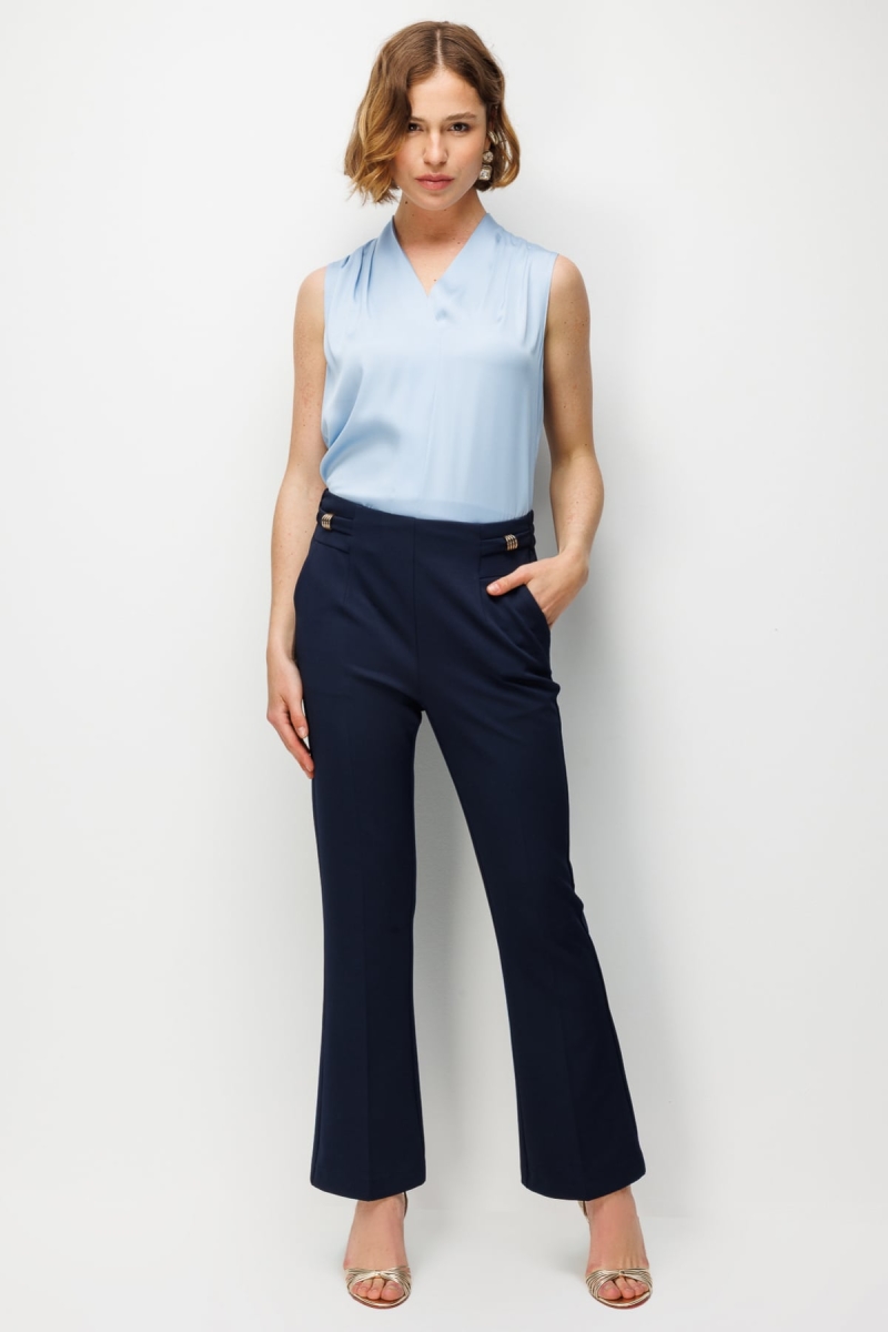 Ekol Kadın Beli Aksesuarlı İspanyol Paça Pantolon 4042 Lacivert Lacivert