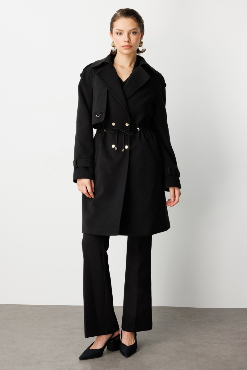 Ekol Kadın Beli Bağcıklı Apoletli Kaban 6037 Siyah Siyah