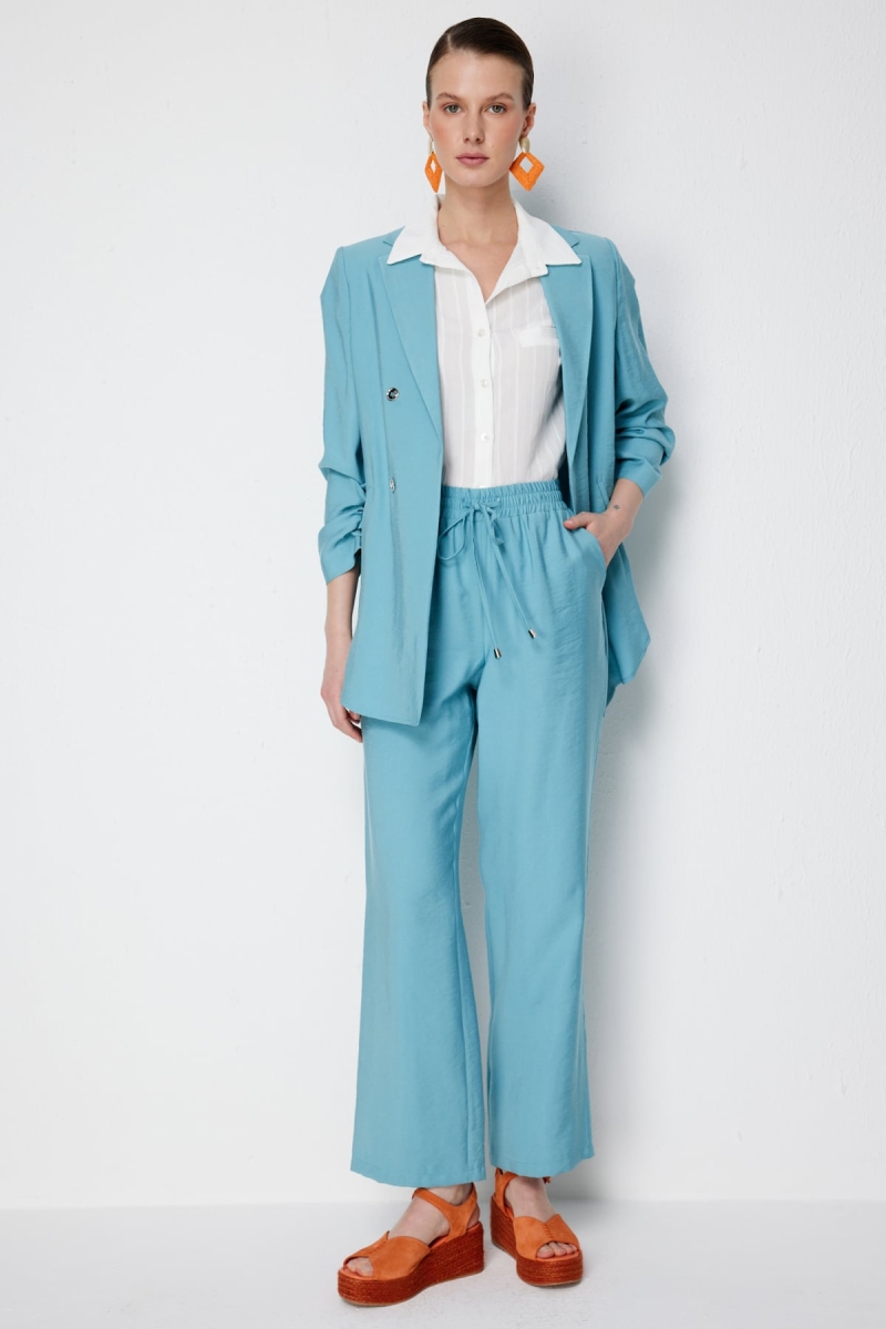 Ekol Kadın Beli Bağcıklı Bol Paça Pantolon 1204 Aqua Aqua