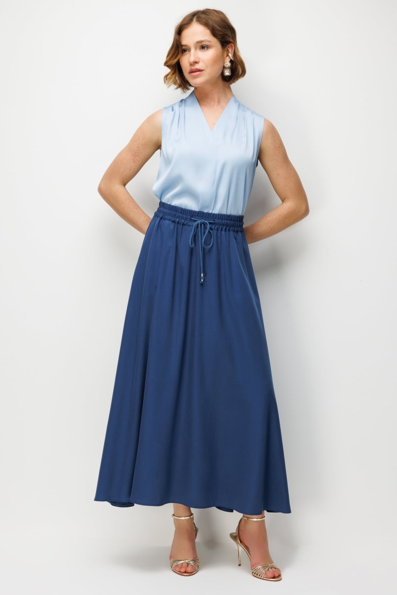 Ekol Kadın Beli Bağcıklı Pileli Maxi Etek 3038 Indigo Indigo