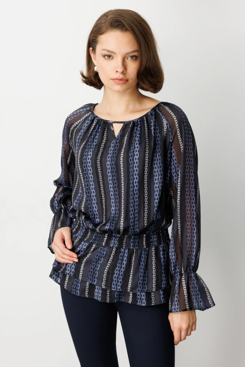 Ekol Kadın Beli Büzgülü Desenli Şifon Bluz 3065 Lacivert Lacivert