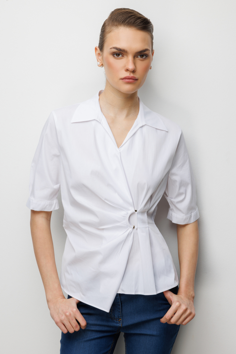 Ekol Kadın Beli Büzgülü Kısa Kollu Pamuklu Bluz 2046 Ekru Ekru