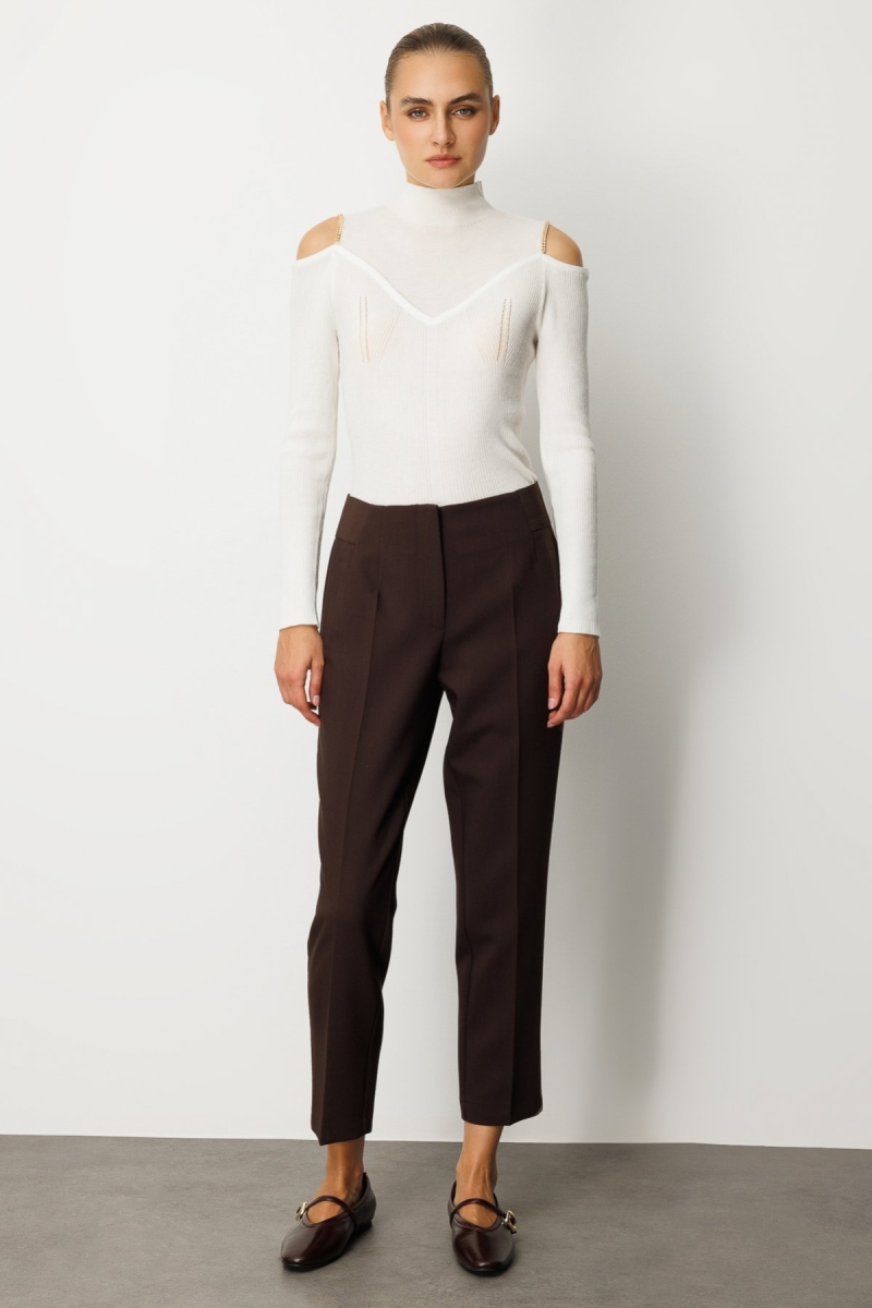 Ekol Kadın Beli Kalın Lastikli Dar Paça Pantolon 1109 Kahverengi Kahverengi