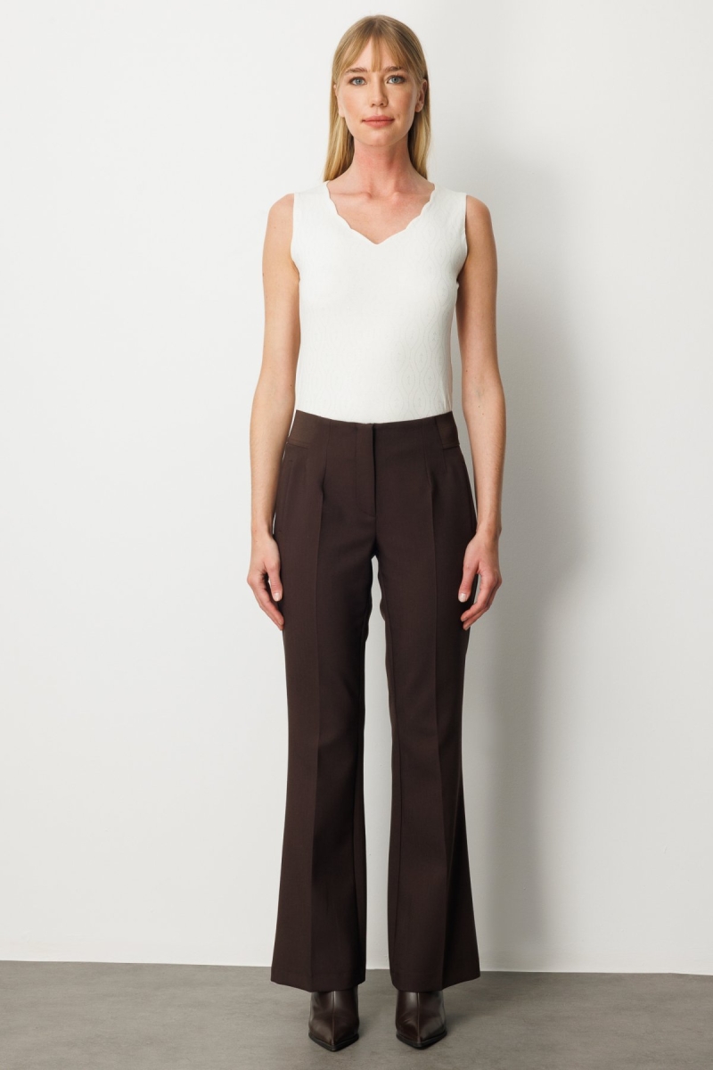 Ekol Kadın Beli Kalın Lastikli İspanyol Paça Pantolon 1105 Kahverengi Kahverengi