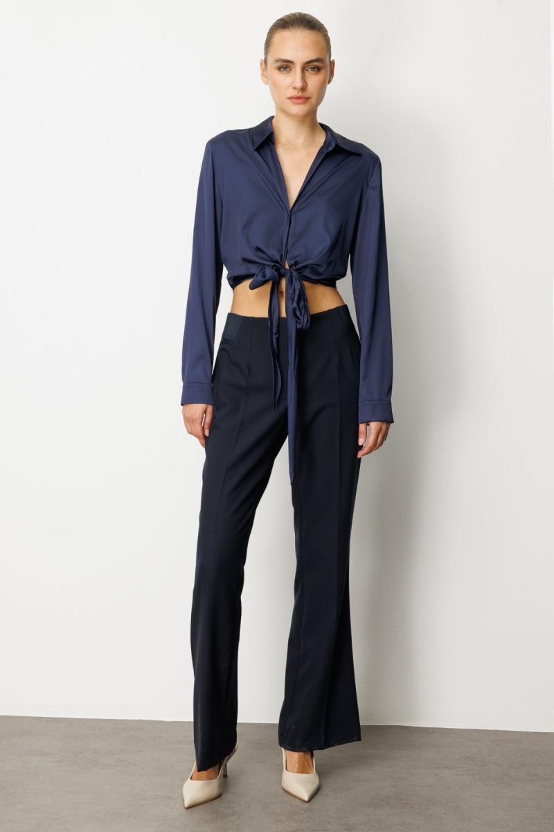 Ekol Kadın Beli Kalın Lastikli İspanyol Paça Pantolon 1105 Lacivert Lacivert