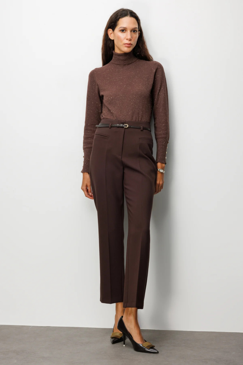 Ekol Kadın Beli Kemerli Boru Paça Pantolon 1001 Kahverengi Kahverengi