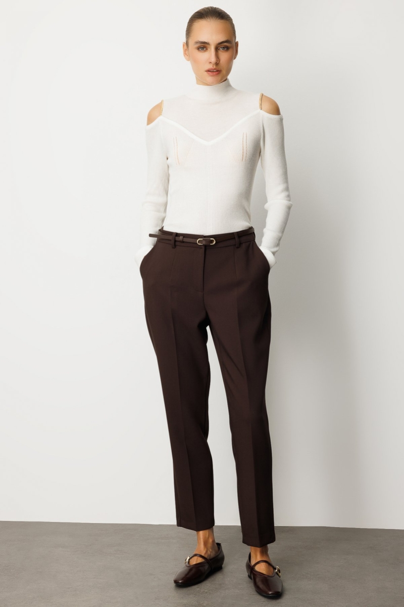 Ekol Kadın Beli Kemerli Dar Paça Pantolon 1013 Kahverengi Kahverengi