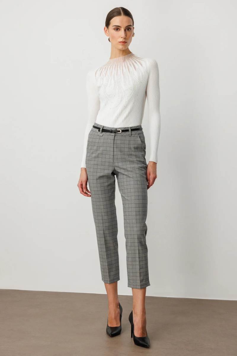 Ekol Kadın Beli Kemerli Ekoseli Pantolon 1203 Siyah Siyah