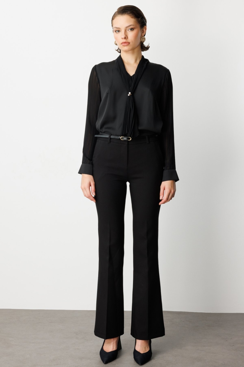 Ekol Kadın Beli Kemerli İspanyol Paça Pantolon 1011 Siyah Siyah