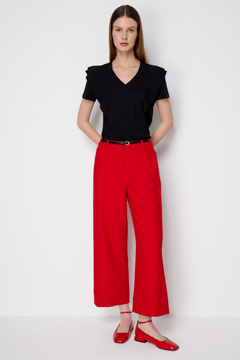 Ekol Kadın Beli Kemerli Kısa Bol Paça Pantolon 4012 Kırmızı Kırmızı