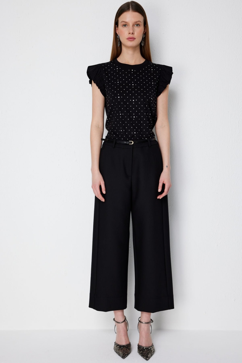 Ekol Kadın Beli Kemerli Kısa Bol Paça Pantolon 4012 Siyah Siyah