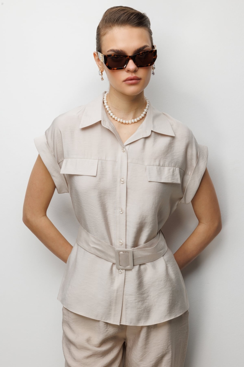 Ekol Kadın Beli Kemerli Kısa Kollu Bluz 2086 Bej Bej