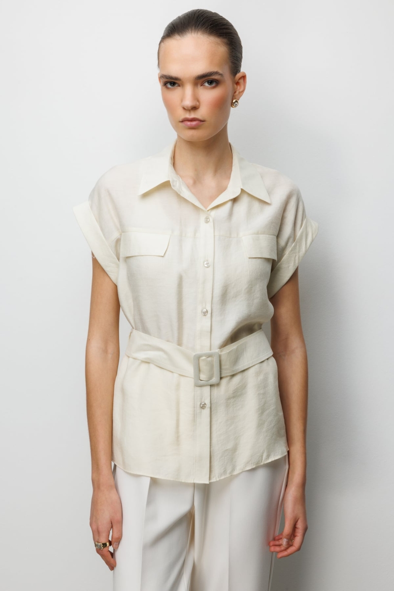 Ekol Kadın Beli Kemerli Kısa Kollu Bluz 2086 Krem Krem