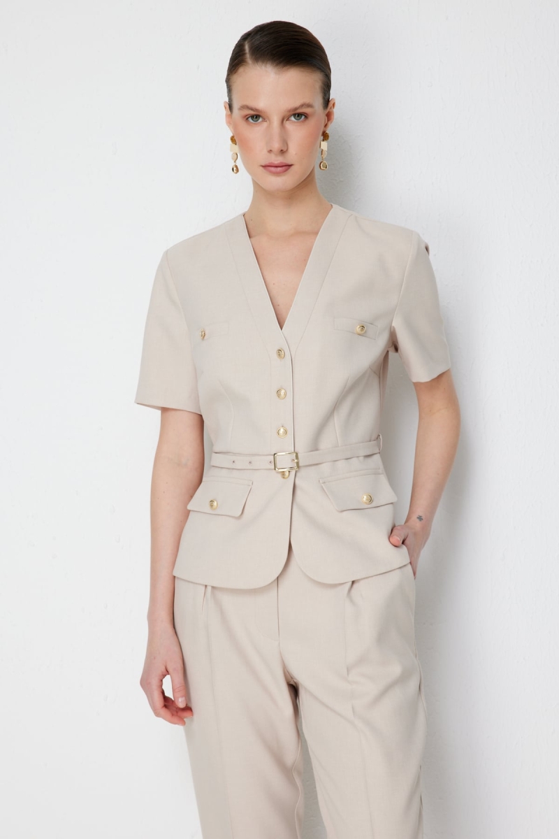 Ekol Kadın Beli Kemerli Kısa Kollu Ceket 1190 Kum Kum