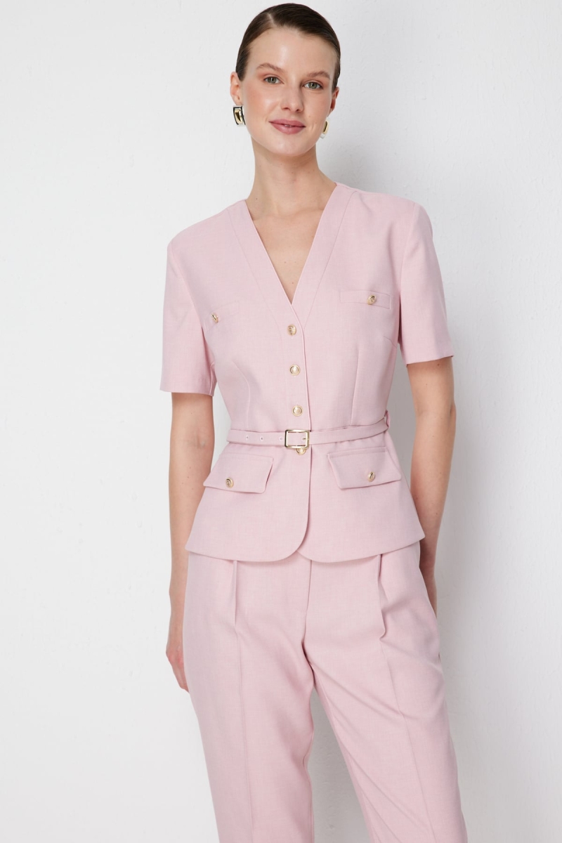 Ekol Kadın Beli Kemerli Kısa Kollu Ceket 1190 Pudra Pudra