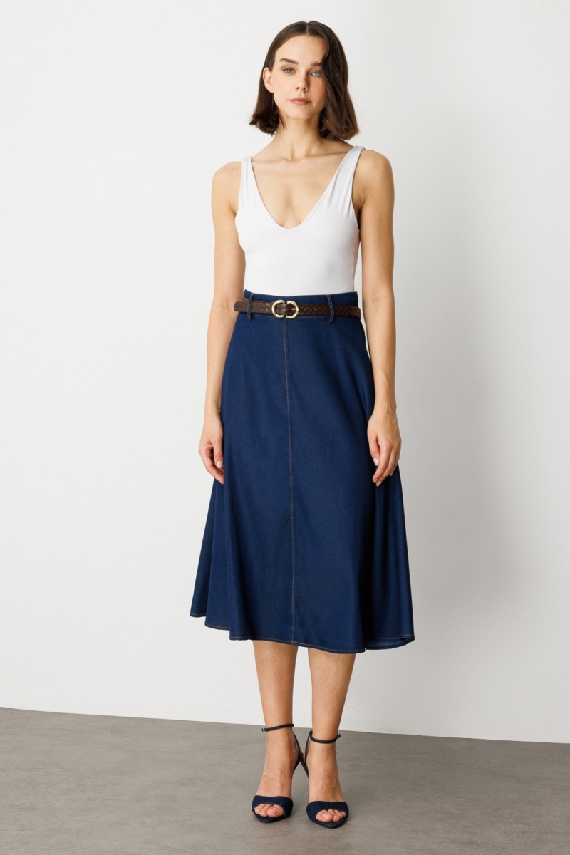Ekol Kadın Beli Kemerli Midi Etek 1048 Indigo Indigo