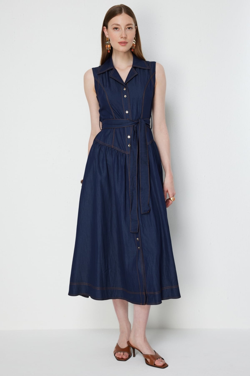 Ekol Kadın Beli Kuşaklı Dikiş Detaylı Maxi Elbise 6116 Indigo Indigo