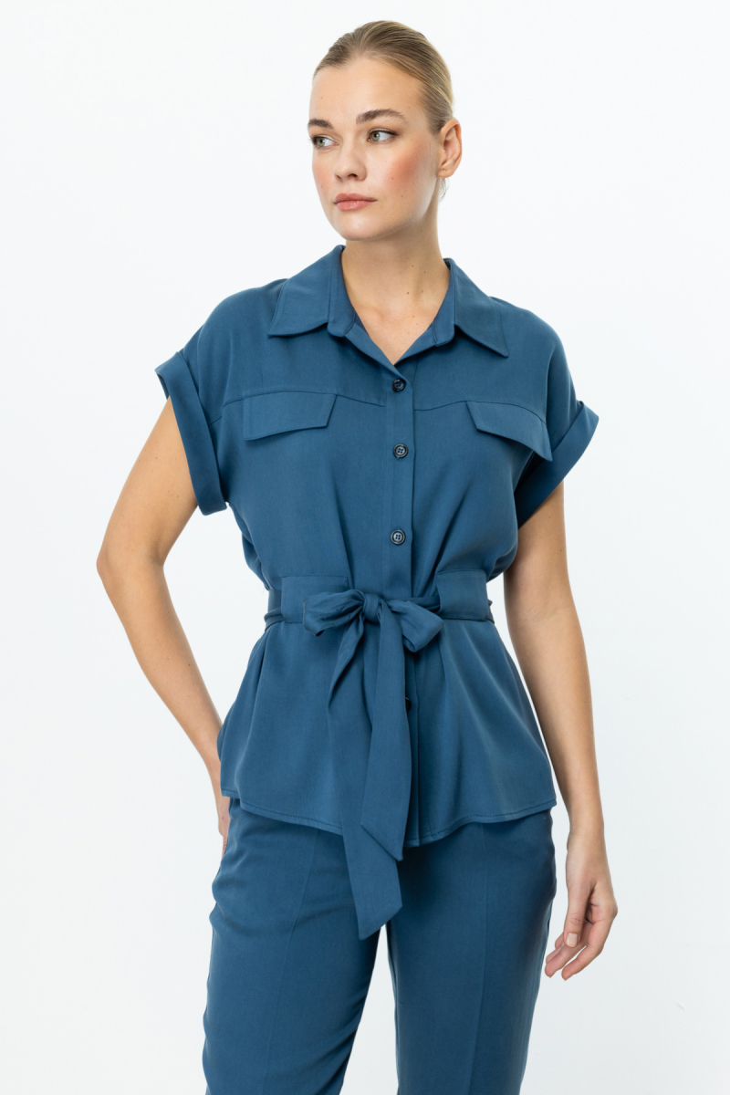 Ekol Kadın Beli Kuşaklı Kısa Kol Bluz 3322 Indigo Indigo