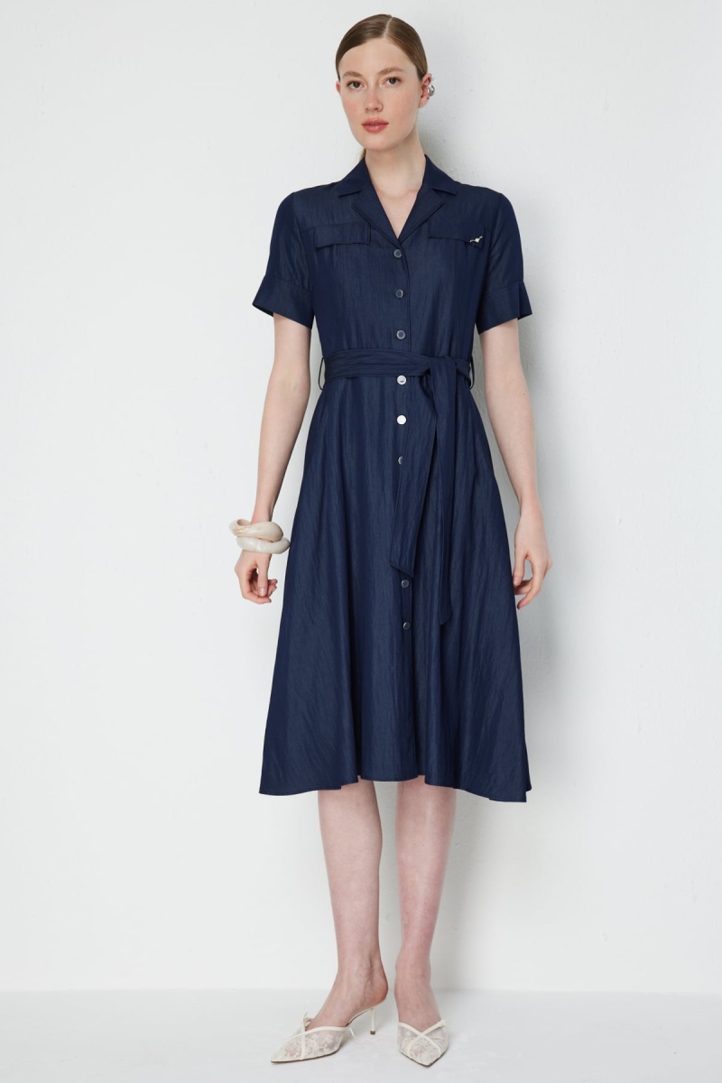 Ekol Kadın Beli Kuşaklı Kısa Kollu Midi Elbise 6164 Indigo Indigo