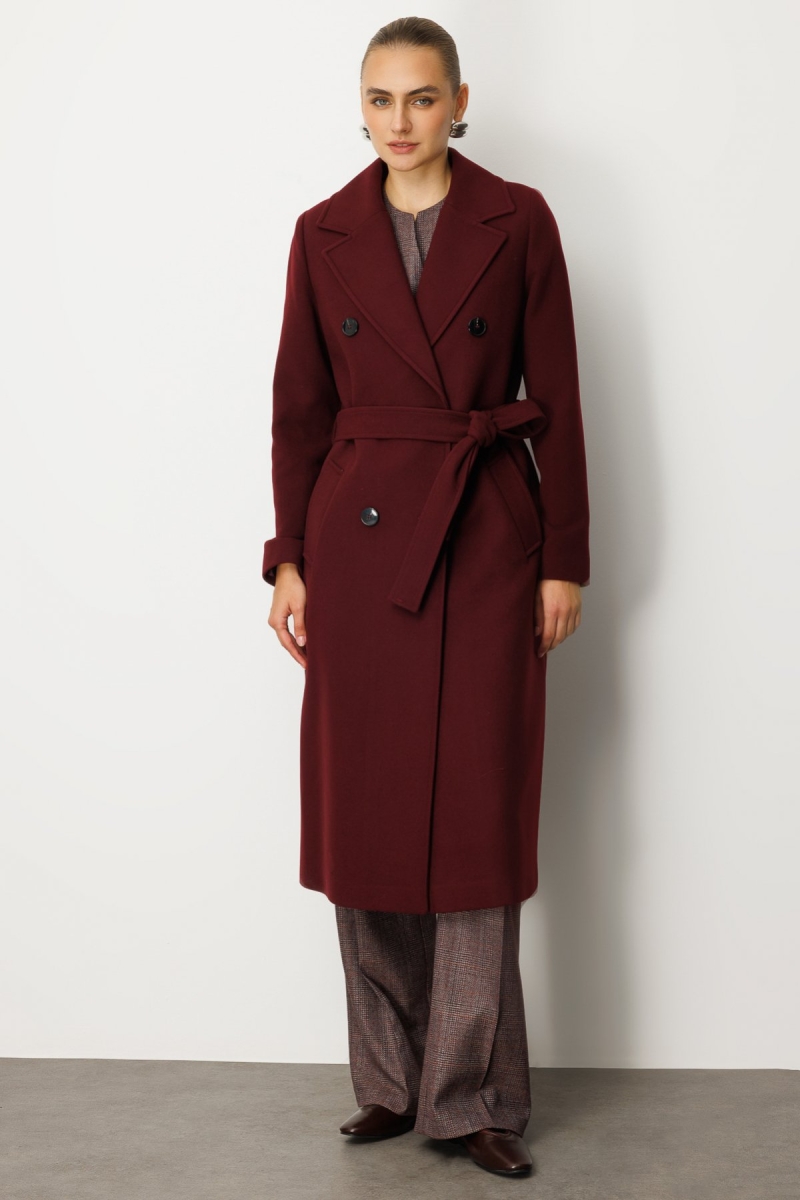 Ekol Kadın Beli Kuşaklı Kruvaze Yaka Kaban 6063 Bordo Bordo