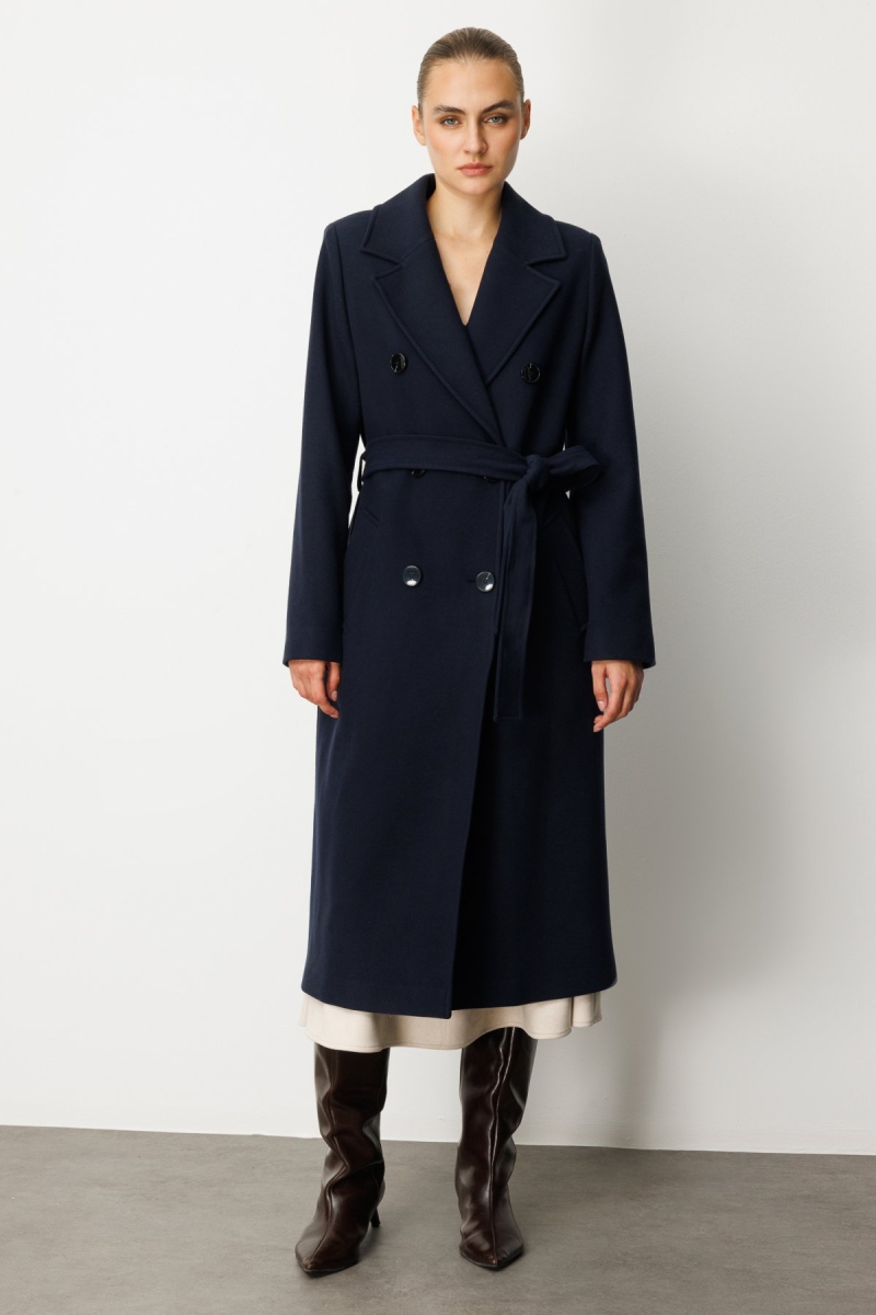 Ekol Kadın Beli Kuşaklı Kruvaze Yaka Kaban 6063 Lacivert Lacivert