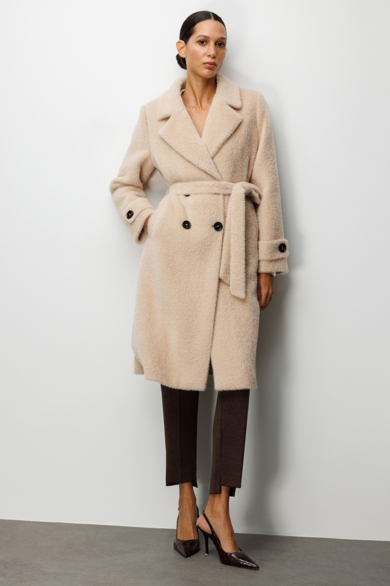 Ekol Kadın Beli Kuşaklı Peluş Kaban 6033 Kum Kum