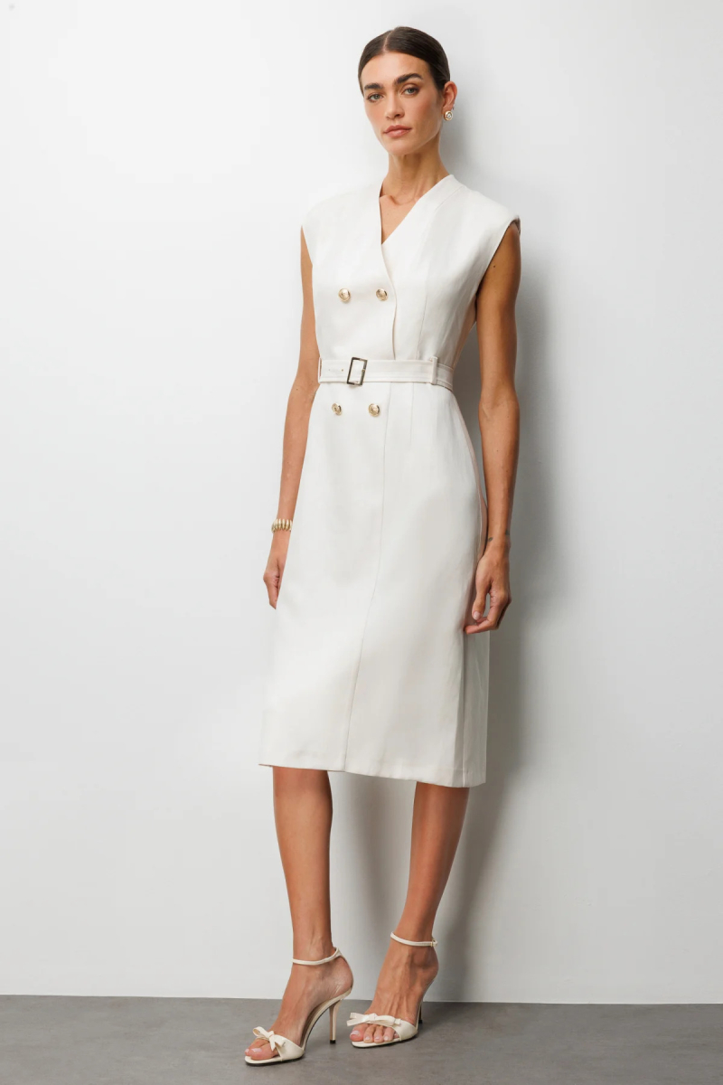 Ekol Kadın Beli Kuşaklı Süs Düğmeli Midi Elbise 6012 Ekru Ekru