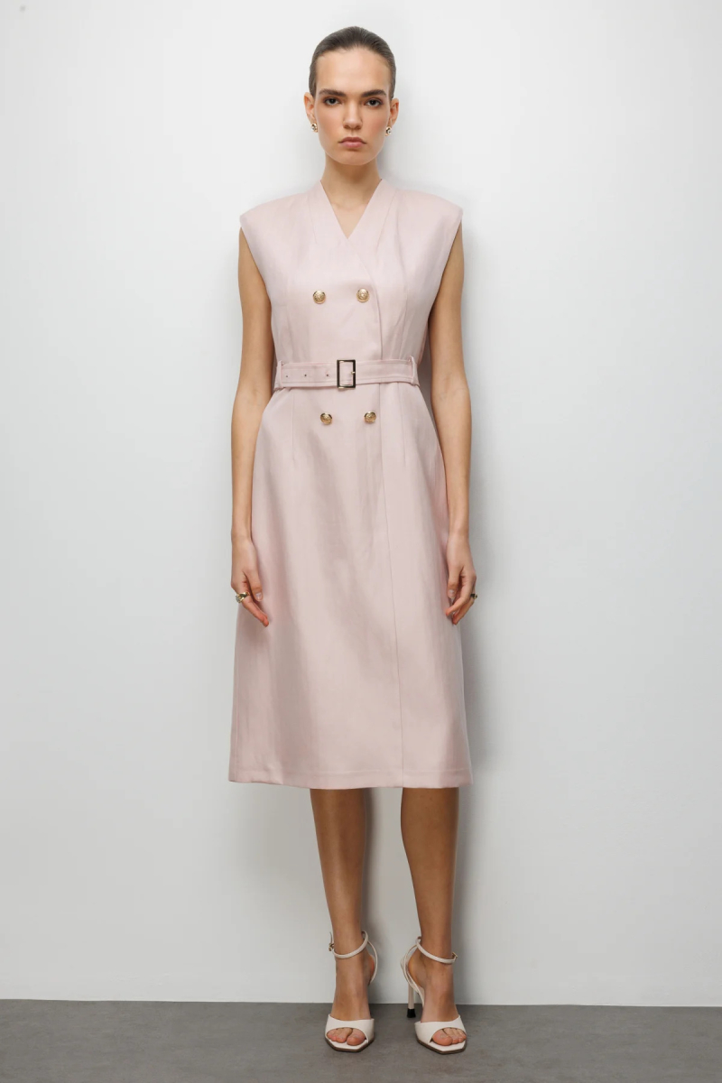 Ekol Kadın Beli Kuşaklı Süs Düğmeli Midi Elbise 6012 Pembe Pembe