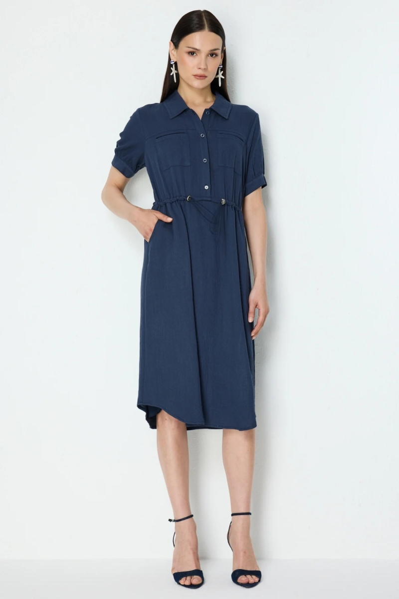 Ekol Kadın Beli Lastikli Süs Cepli Midi Elbise 6170 Indigo Indigo