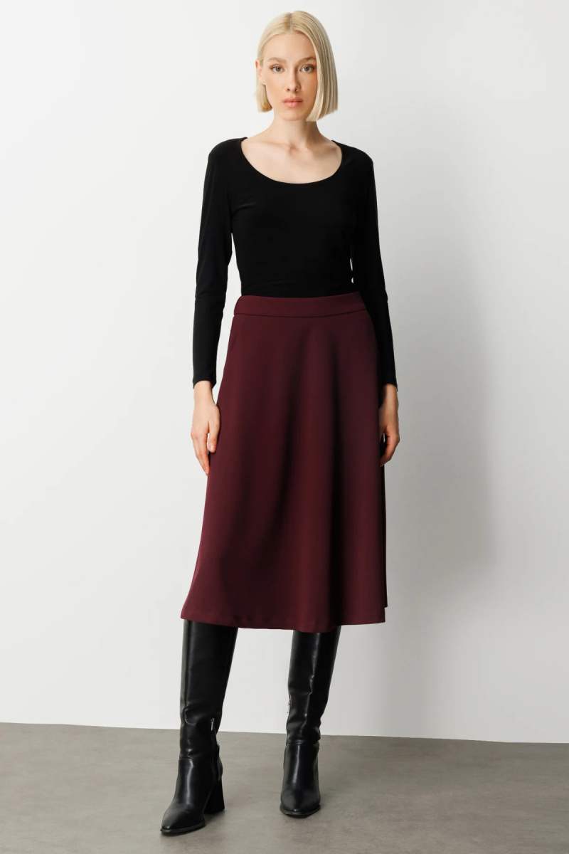 Ekol Kadın Beli Lastikli Volanlı Midi Etek 2023 Bordo Bordo