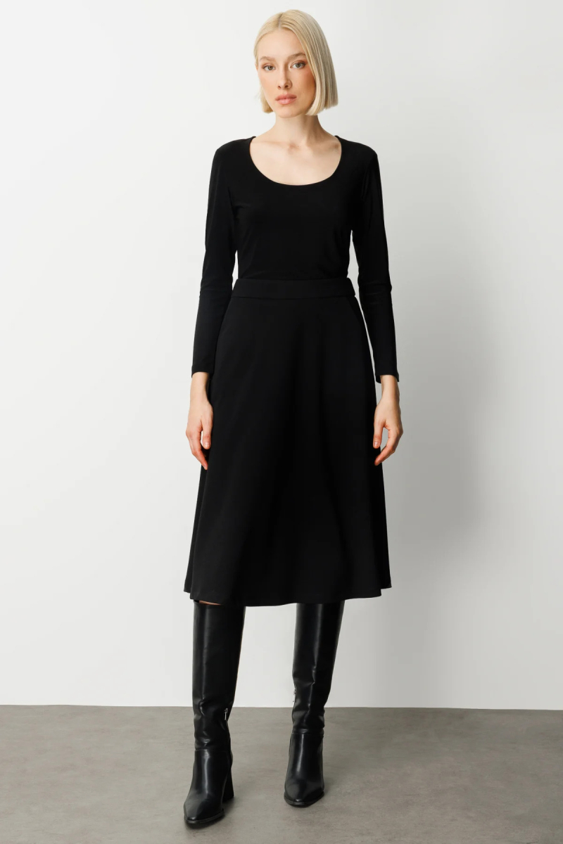 Ekol Kadın Beli Lastikli Volanlı Midi Etek 2023 Siyah Siyah