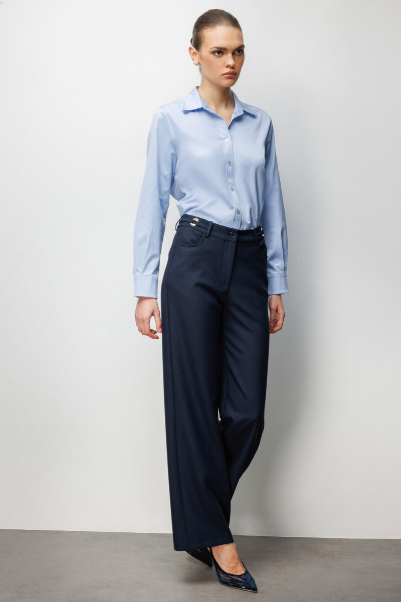 Ekol Kadın Beli Metal Aksesuarlı Bol Paça Pantolon 4010 Lacivert Lacivert