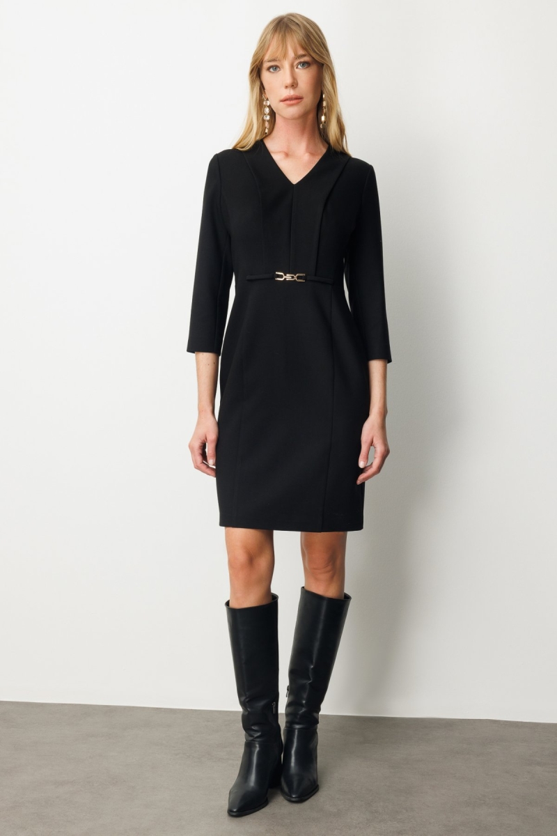 Ekol Kadın Beli Metal Aksesuarlı Midi Elbise 4033 Siyah Siyah