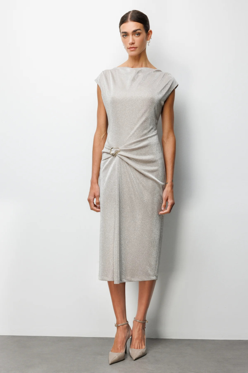 Ekol Kadın Beli Metal Aksesuarlı Simli Elbise 6072 Gold GOLD