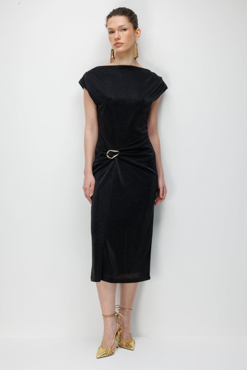 Ekol Kadın Beli Metal Aksesuarlı Simli Elbise 6072 Siyah Siyah