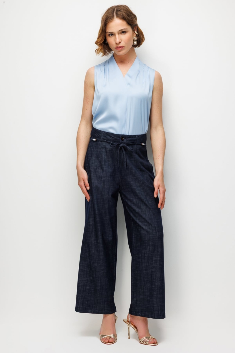 Ekol Kadın Beli Süs Kemerli Bol Paça Pantolon 4934 Indigo Indigo