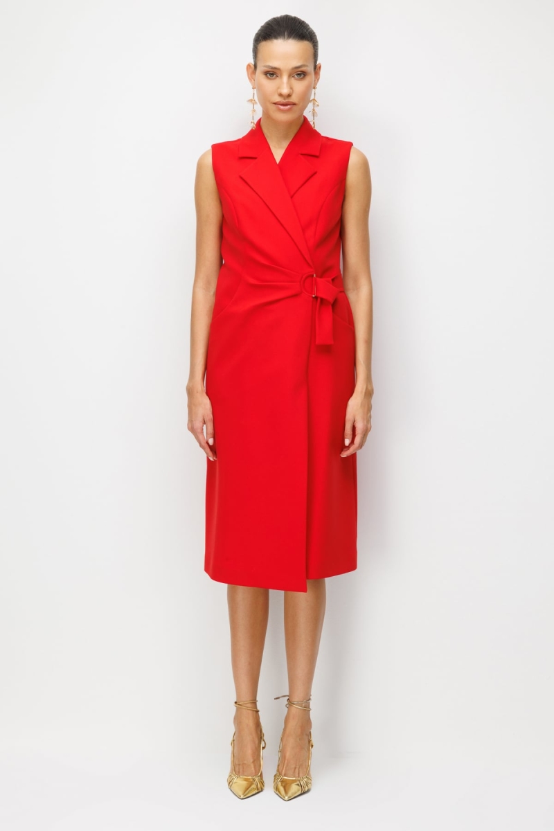 Ekol Kadın Beli Tokalı Kruvaze Midi Elbise 6134 Kırmızı Kırmızı