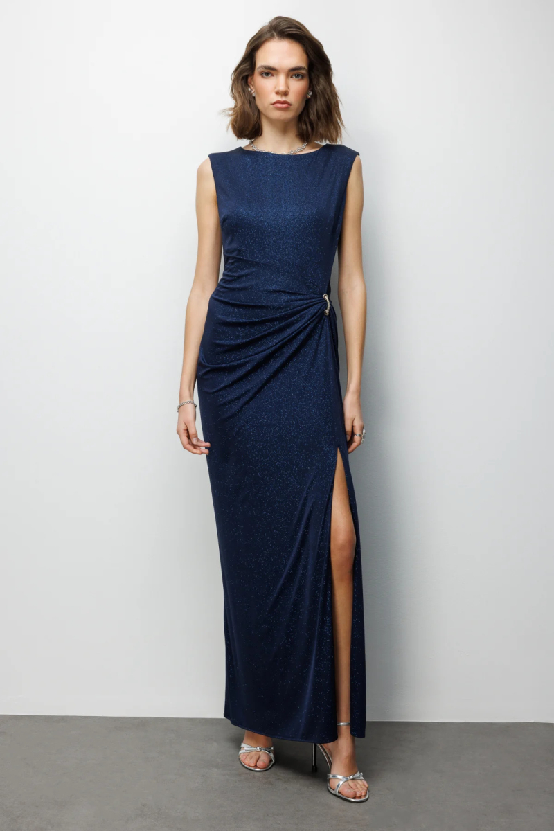 Ekol Kadın Beli Tokalı Yırtmaç Detaylı Simli Abiye Elbise 6092 Lacivert Lacivert