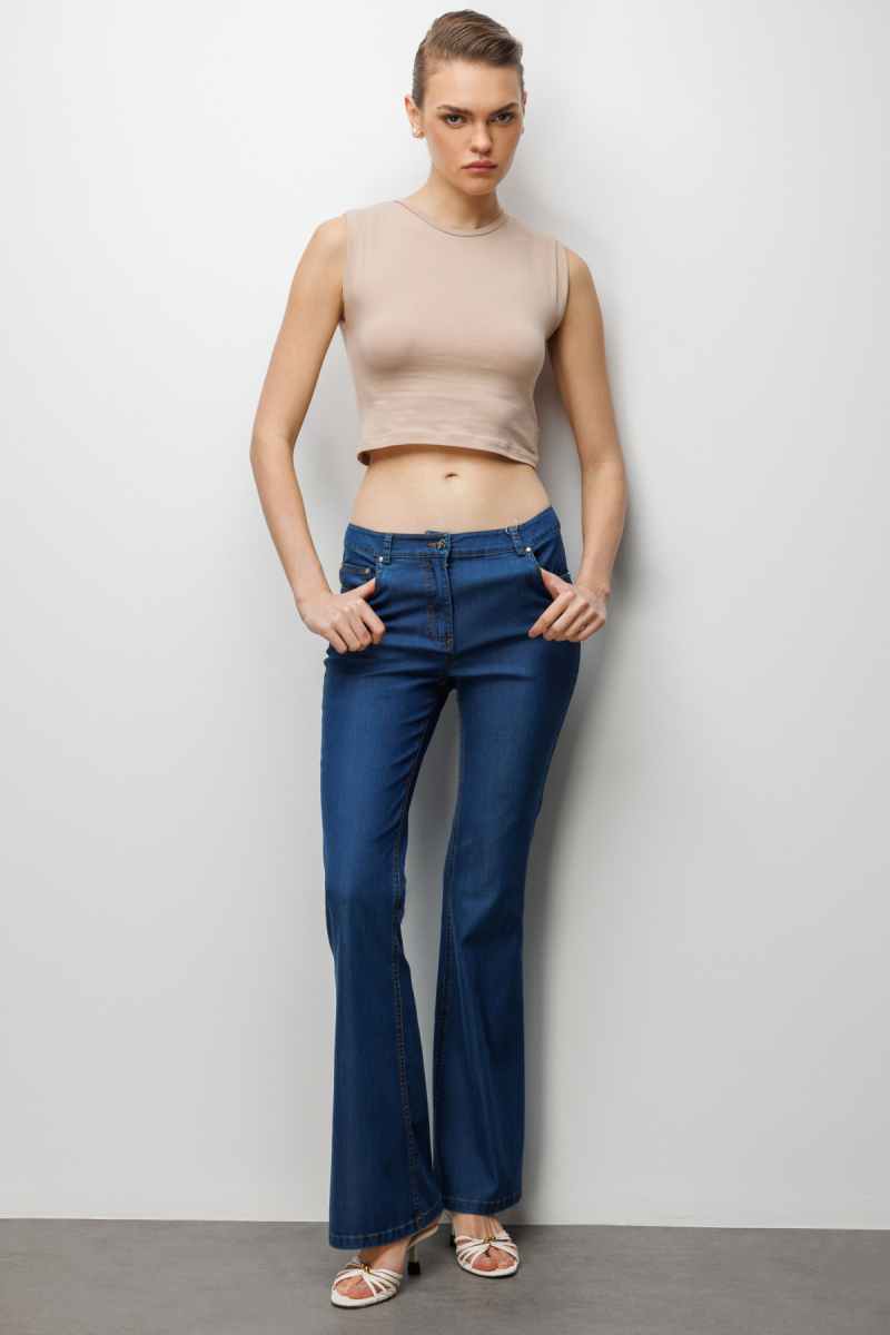 Ekol Kadın Beş Cep İspanyol Paça Pantolon 4084 Indigo Indigo