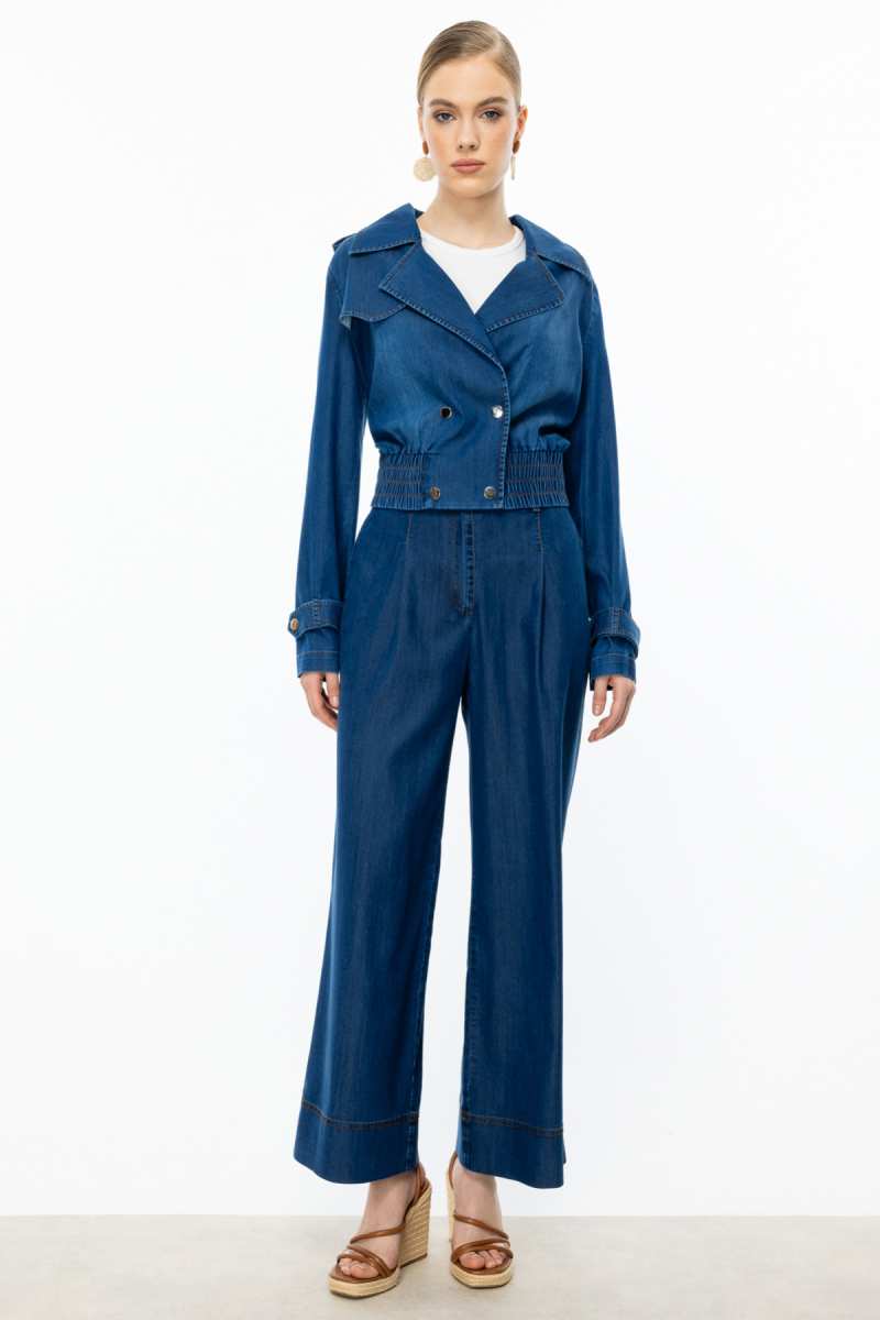 Ekol Kadın Bol Paça Pileli Pantolon 6508 Indigo Indigo
